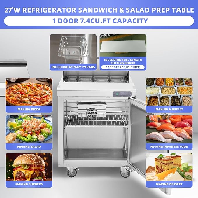 JINSONG 28" Stainless Steel Sandwich & Salad Prep Table, Commercial Refrigerated Food Prep Station with Cutting Board & 8 Pans, 7.4 cu. ft Fridge Salad Bar for Restaurants, Bars, Shops,delis