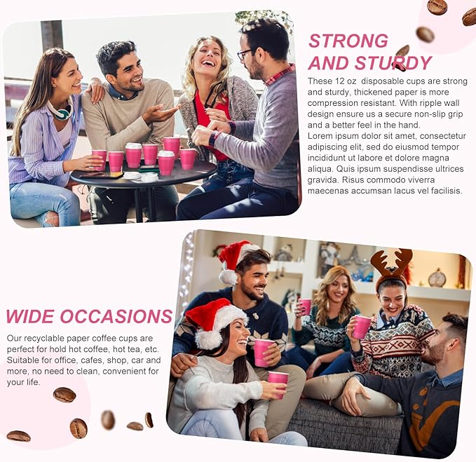 Patelai 48 Pcs 12 oz Disposable Coffee Cups with Lids and Sleeves Bulk, Insulated Hot Chocolate Paper Cup for Hot and Cold Beverage Water Juice Cocoa Tea Party Restaurants Travel Supplies (Dark Pink)