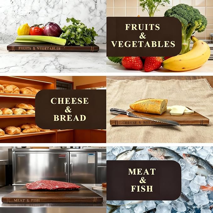 Wooden Cutting Boards for Kitchen, 3-Piece Acacia Wood Cutting Board Set with Stand, Cutting Board That Looks Like Books for Vegetables, Cheese, Bread & Meat, Decorative Chopping Board Gift Set