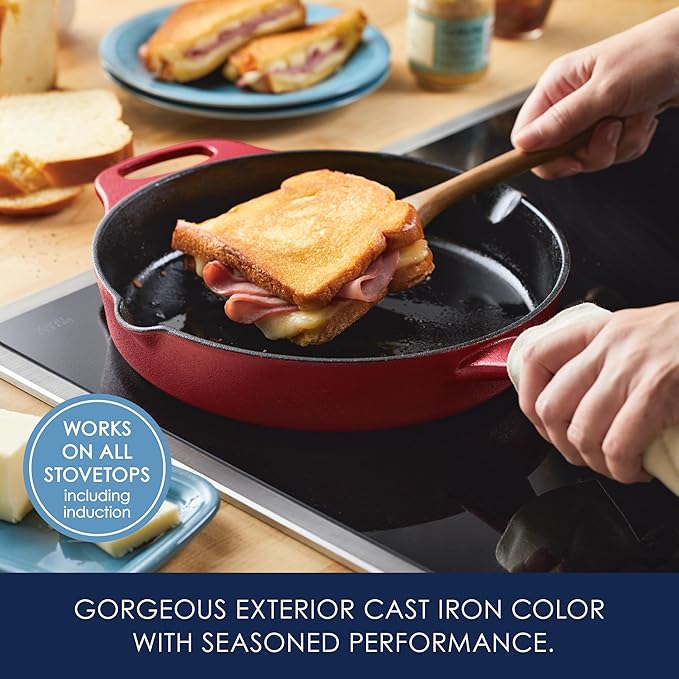 Rachael Ray NITRO Cast Iron Frying Pan/Skillet with Helper Handle and Pour Spouts, 10 Inch, Red