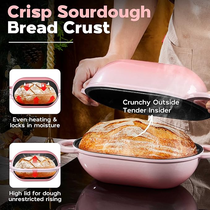 Onader Enameled Cast Iron Sourdough Bread Oven, 2.8QT Oval Dutch Oven, Loaf Cast Iron Bread Pan with Lid for Homemade Bread Baking, 9x5-1/2 Inch Meatloaf Pan, Heavy Duty - Pink