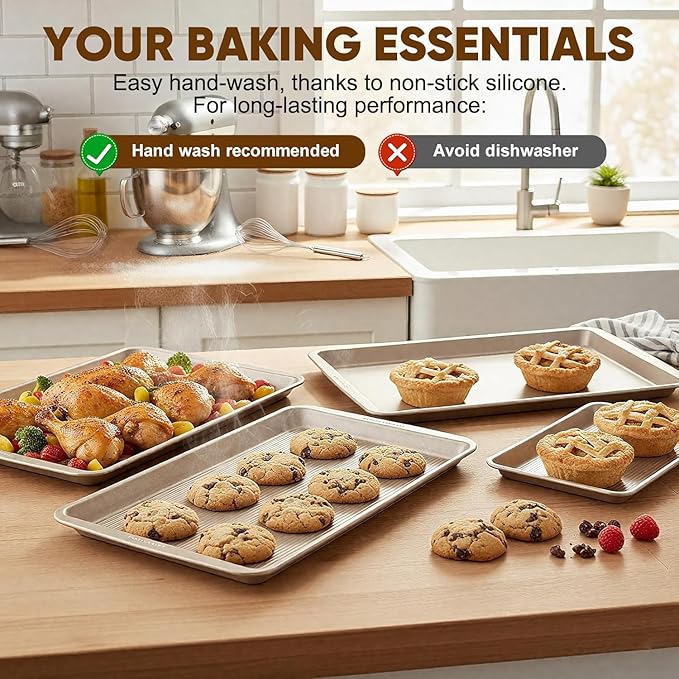 Nonstick Baking Sheet Pan Set of 3, Heavy Duty Cookie Sheets for Oven with Stripe Texture Pattern, 0.6mm Thick Quarter/Half/Jelly Roll Pans, Rust-Resistant & Easy Clean (Champagne Gold)