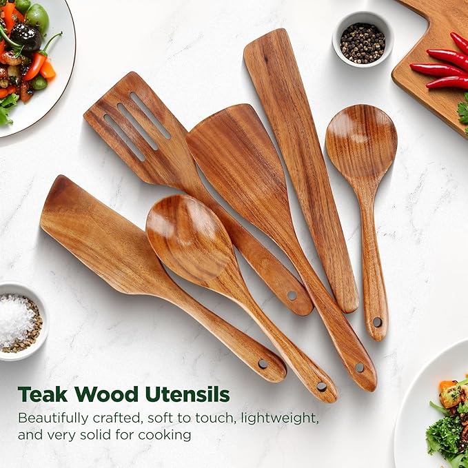 ANBUY Wooden Spoons for Cooking, 6Pcs Kitchen Utensils Set, Heat Resistant Flat Spatulas and Spoons Set for Nonstick Cookware, Smooth Finish, Comfortable Grip(6 Pcs)