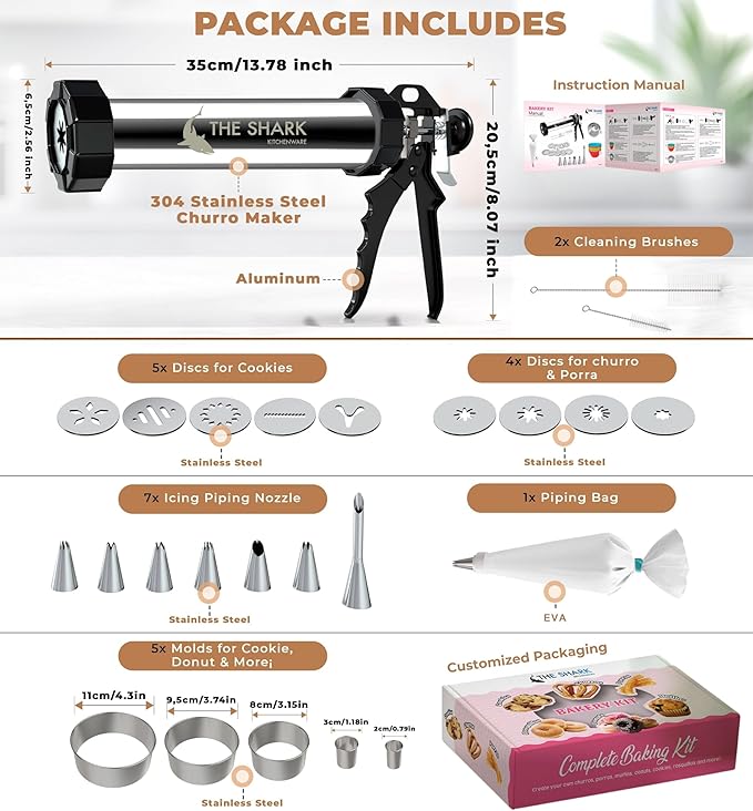 Churro Maker Machine & Spritz Cookie Press Gun Kit – 304 Stainless Steel, Easy to Clean & Large Capacity – Make Authentic Churros & Cookies at Home – Ideal Baking Tool for Families, Chefs & Beginners