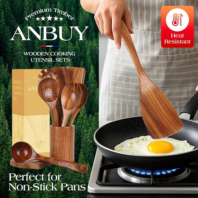 ANBUY Wooden Spoons for Cooking, Natural Teak Cooking Utensils Set, Wooden Kitchen Utensils Set with Holder & Spoon Rest, Wooden Cooking Utensils Set of 9