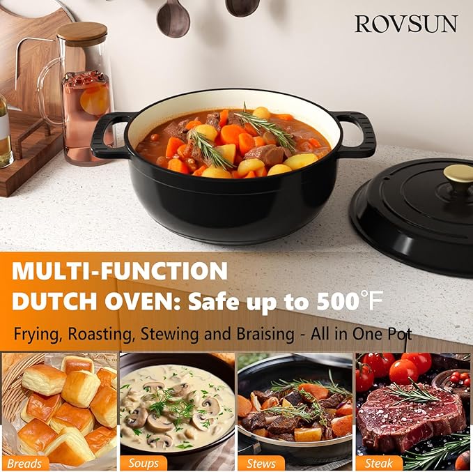ROVSUN Enameled Cast Iron Round Dutch Oven, 7.5QT Pot with Lid &Dual Handles with Silicone Gloves,Oven Safe up to 500°F, Heavy-Duty Pre-Seasoned Cookware for Bread Baking, Braising, Stews, Roasting,Black