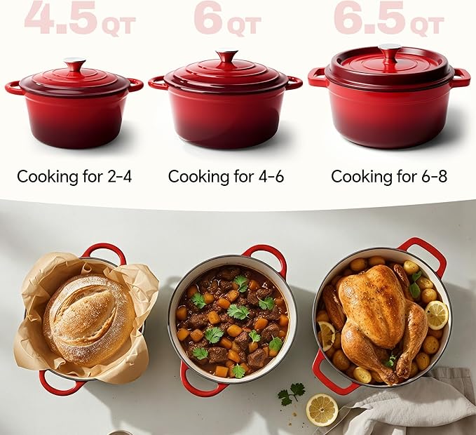 6 Quart Dutch Oven Pot with Lid, Non Stick Enameled Cast Iron Dutch Oven for Bread Baking, Heavy-Duty, Oven Safe Ceramic Cookware Up to 500°F for Baking, Braising, Stews, Roasting, Red