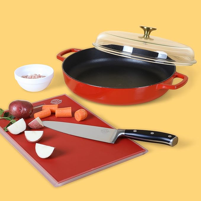 Sur La Table Kitchen Essentials Supper Club 3.75 Quart Enamel Cast Iron All In One Multi-Purpose Non-Toxic Nonstick Braiser Pan W/Borosilicate Glass Lid - Red