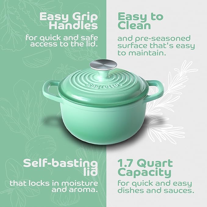 Segretto Cookware Enamel Dutch Oven Cast Iron with Handle Verde Chiaro (Light Green) 1.7 Quarts Enameled Cast Iron with Lid Oven Cookware Pot 1.7 qt Small Dutch Oven for Bread Baking
