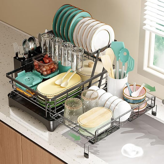 NETEL 2 Tier Dish Rack, Extendable Dish Drying Rack, Dish Drainer for Kitchen Counter, Dish Strainer with Utensil Holder & Cup Holder, Over The Sink Dish Drying Rack with Automatic Drainage System