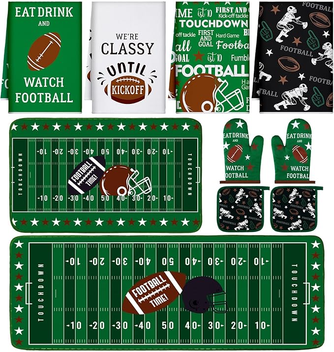10 Pcs Football Kitchen Decor Oven Mitts and Pot Holders Sets Football Dish Towels Pot Holders Sports Kitchen Rugs and Mats for Women Reusable Cooking Grilling Accessories Mom Gift