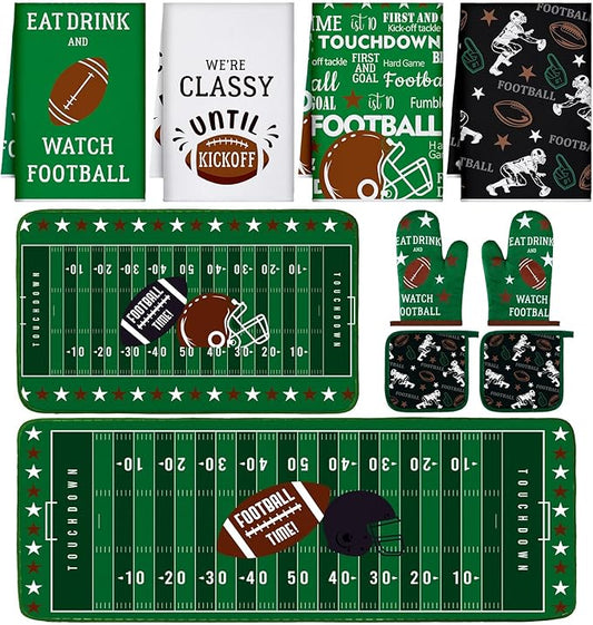 10 Pcs Football Kitchen Decor Oven Mitts and Pot Holders Sets Football Dish Towels Pot Holders Sports Kitchen Rugs and Mats for Women Reusable Cooking Grilling Accessories Mom Gift