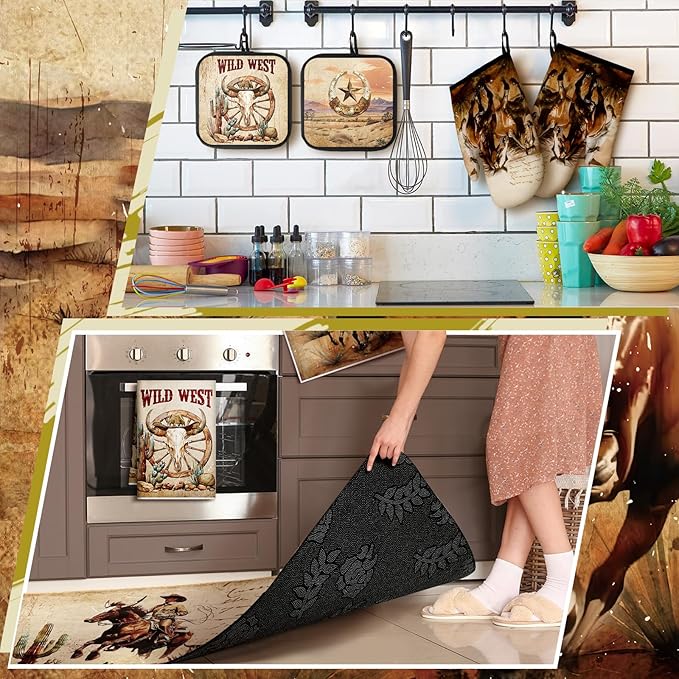 10 Pcs Western Cowboy Kitchen Decor Oven Mitts and Pot Holders Set Western Cowboy Kitchen Accessories Vintage Dish Towels Farmhouse Rugs and Mats for Home Cooking Baking Housewarming Gifts
