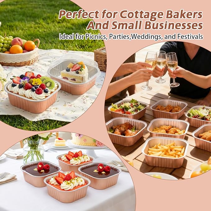 200 Pack 8 oz Champagne Square Mini Cake Pans with Lids, Aluminum Foil Square Brownie Baking Cups for Ramekins Muffin Cupcake Wedding Birthday Party