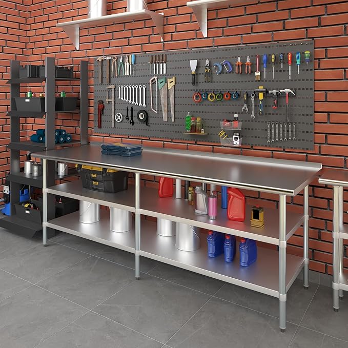 AmGood Stainless Steel Work Table with 1.5" Backsplash and 2 Shelves | Metal Kitchen Food Prep Table | NSF (96" Long x 30" Deep)