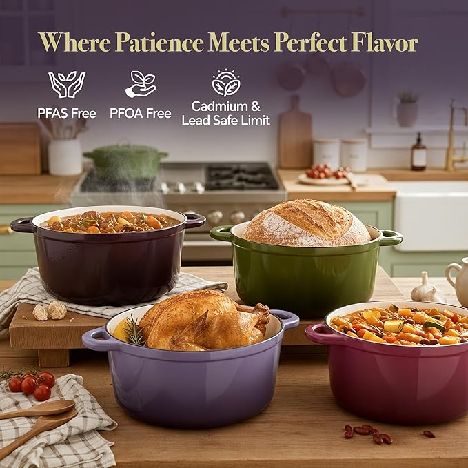 Vintage Style 6 Quart Dutch Oven Pot with Lid, Non Stick Enameled Cast Iron Dutch Oven for Bread Baking, Heavy-Duty, Oven Safe Ceramic Cookware Up to 500°F for Baking, Braising, Stews, Roasting, Purple