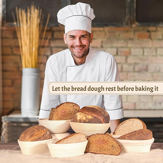 Round Banneton Bread Proofing Basket Set of 2 – 9” Natural Rattan Baskets with Linen Liners, Bread Lame & Dough Scrapers – Classic Sourdough Baking Set for Home Bakers