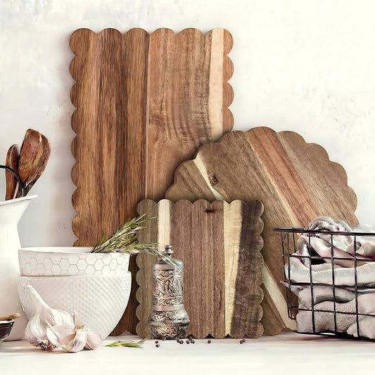 3 Pcs Acacia Wood Scalloped Cutting Boards Set, Decorative Cutting Boards Wooden Charcuterie Board for Grandmillenial Cottage Core Decor Kitchen Cheese Meat Fruit Bread Chopping Blocks