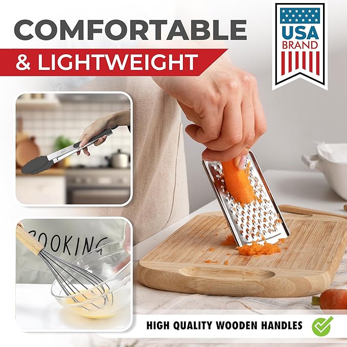 Kaluns 50 PCS Silicone Kitchen Utensils Set Complete Kitchen Set - 800°F Heat Resistant Non-Stick Premium Cooking Utensils W Wooden Handles - Can Opener, Masher, Turner, Silicone Spatula Set