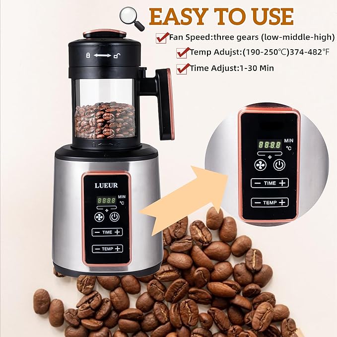 LUEUR Electric Coffee Bean Roaster Machine for Home Use, 1500W Hot Air Coffee Roaster with Adjustable Timer, Variable Heat & Air Fan Settings, Chaff Collection Basket, 100g Capacity