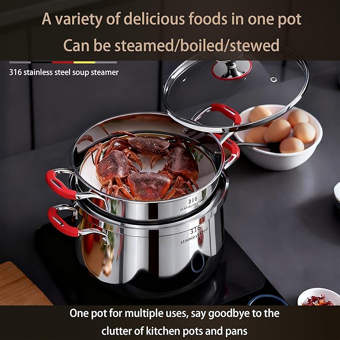 5 Qt Stainless Steel Stock Stew Pot with Steamer Insert and Glass Lid, 316 Thickened Clad for Fast Even Heating, Compatible with Gas Induction Ceramic Electric Halogen Stoves (2 Tier, 22cm)