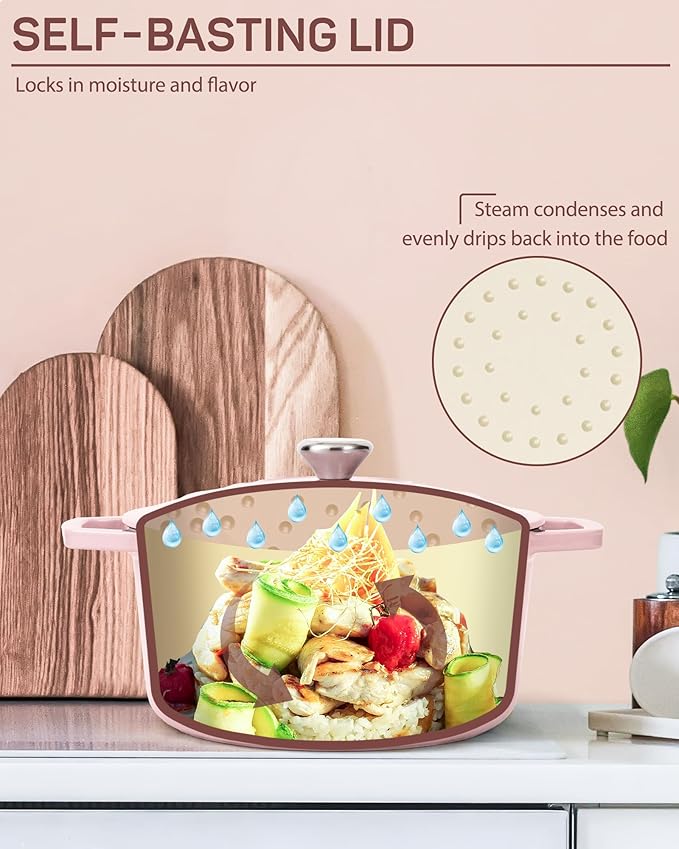 Enameled Cast Iron Dutch Oven – 4.4 Quart Pot with Lid & Potholders – Heavy-Duty Cookware for Bread Baking, Braising, Stews & Roasting – Oven & Stovetop Safe up to 500°F – Pink