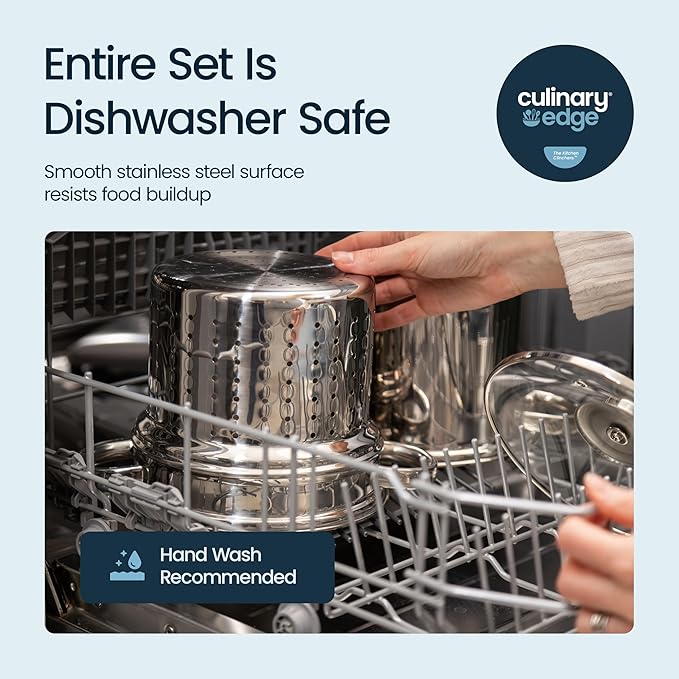 Culinary Edge 4-Piece Multi Cooker Stainless Steel Steamer Pot | Stockpot, Pasta Insert, Steamer Basket & Glass Lid | Pasta Pot Cooking Set for Meat, Vegetables, Seafood, Tamales, Soup & More | 4 Qt