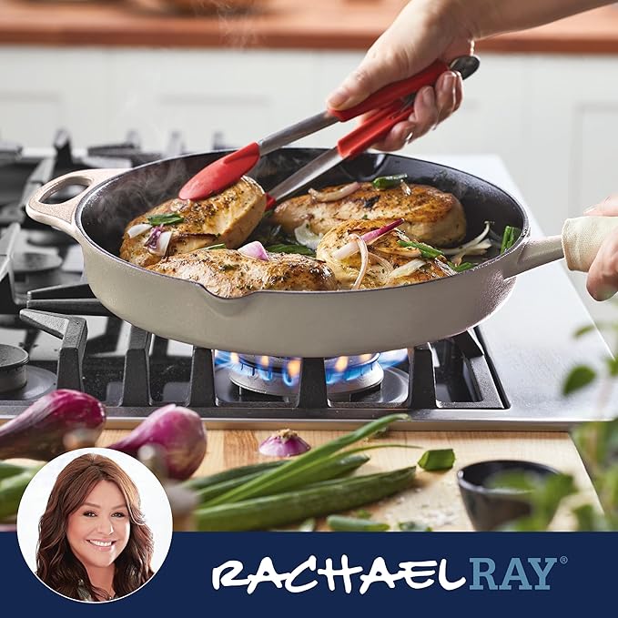Rachael Ray NITRO Cast Iron Frying Pan/Skillet with Helper Handle and Pour Spouts, 12 Inch, Almond