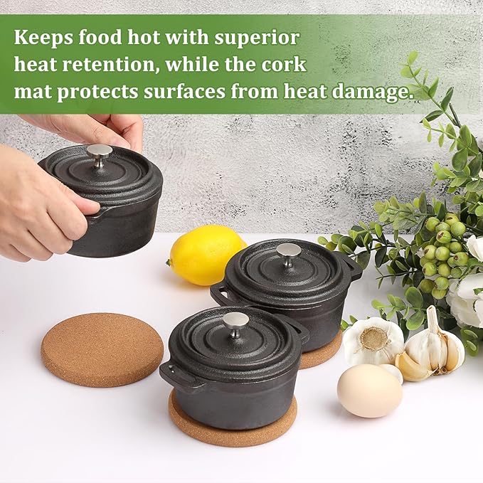 3 Pcs Mini Cast Iron Dutch Oven Set – 8 oz Garlic Roaster Cocotte Pots with Lids, Handles and Cork Pan Mats Small Cast Iron Pots for Baking, Roasting, BBQ Grill, Stovetop and Oven Use