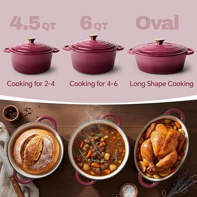 Vintage Style 6 Quart Dutch Oven Pot with Lid, Non Stick Enameled Cast Iron Dutch Oven for Bread Baking, Heavy-Duty, Oven Safe Ceramic Cookware Up to 500°F for Baking, Braising, Stews, Roasting, Rose