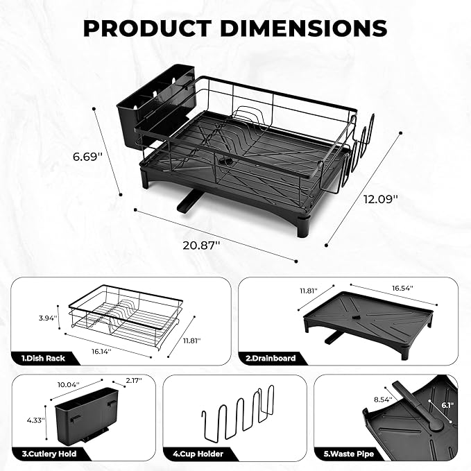 Pukomc Dish Drying Rack, Stainless Steel Iron Dish drainers for Kitchen Counter with Cutlery & Cup Holders,Over The Sink Dish Drying Rack,Large,Black