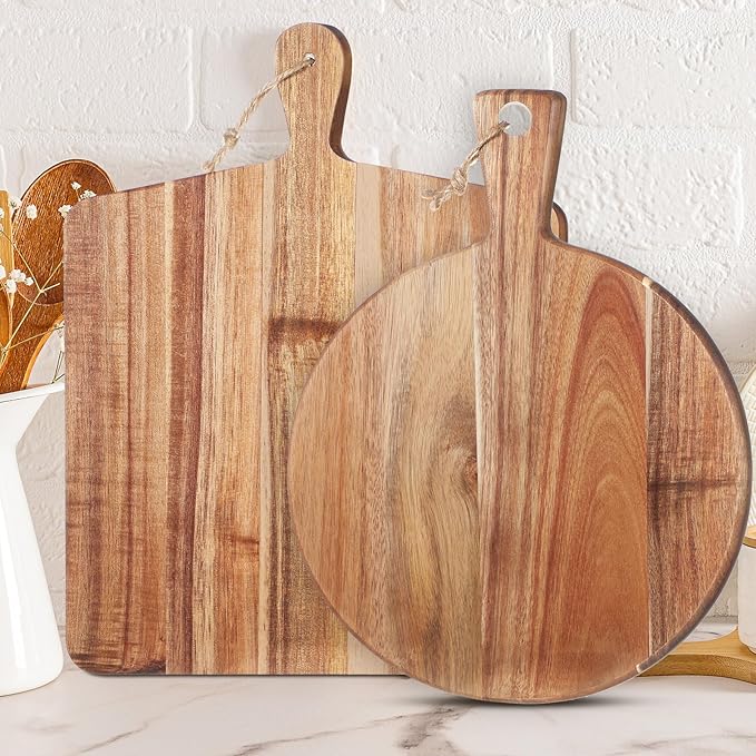 Hsei 2 Pcs Acacia Wood Cutting Board with Handle Wooden Charcuterie Board Large Paddle Carving Chopping Set Butter Serving Tray for Cheese Meat Fruit Pizza Bread(Vintage Style, 16x12, 17x13 Inch)