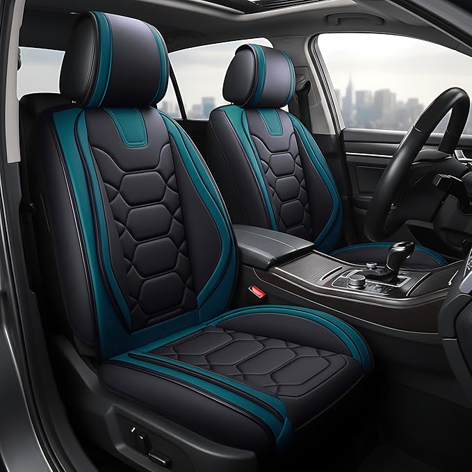 OASIS AUTO Car Seat Covers Full Set, Sporty Faux Leather with Honeycomb Pattern, Waterproof Universal Fit for SUV, Sedan, Pick-up Truck, Automotive Interior Accessories (OS-004 Black&Teal)