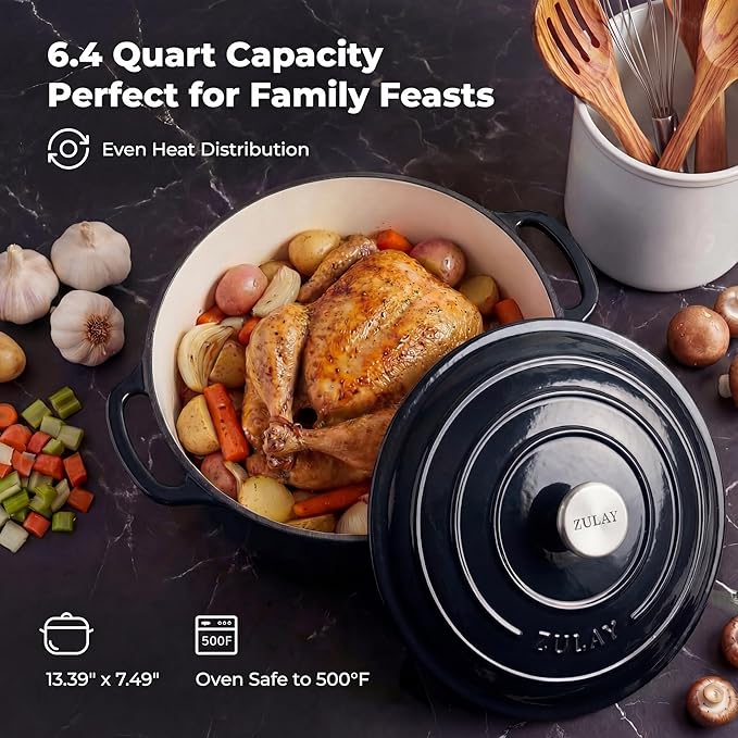 Zulay Kitchen 6.4 Quart Enameled Cast Iron Dutch Oven Pot with Lid – Premium Durability & Oven Safe up to 500°F – Heavy Duty Cookware Perfect for Bread Baking, Stews, Braising & Roasting - Black