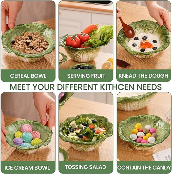 KXZ Green Cabbage Serving Bowl Set of 3 for Kitchen - Extra Large 60oz, 16oz, 5oz Nesting Mixing Bowls, Porcelain Dishes for Salad, Entertaining, Fruit, Vintage, Decorative, Ceramic Pho Soup Tureen