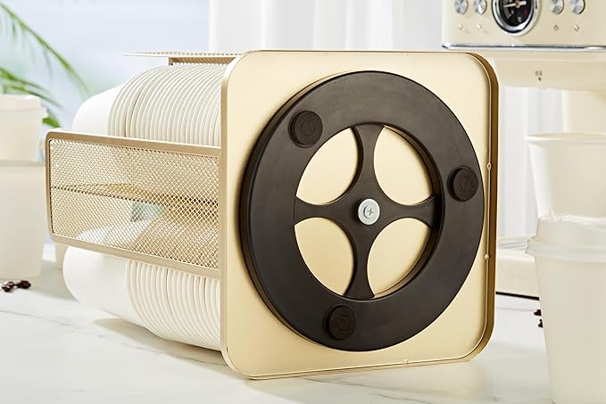 Annova Paper/Plastic Cup and Lid Holder Plastic Storage Organizer, 360°Rotating Coffee Mup Dispenser with 4 Compartments, Multifunctional Storage Rack for Home, Office, Bar, Coffee Shop (Gold)