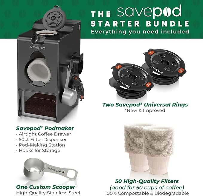 SavePod Coffee Pod Maker with Reusable Coffee Pods, Compatible with Keurig and K-Cup Coffee Machines, Smart, Easy to Use & Convenient (Black, Small)