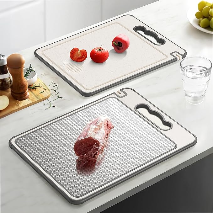 Double Sided 304 Stainless Steel & Wheat Straw Cutting Board, 16"*11" Non Toxic Lightweight Chopping Board, Separately Handle Meat and Vegetables, Dishwasher Safe, Scratch Resistant Mesh Design