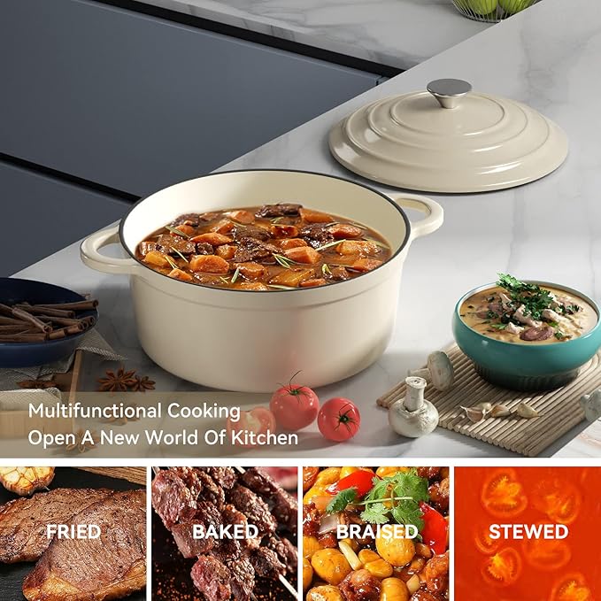 Miereirl 4.5 Quart Enameled Dutch Oven Pot with Lid, Cast Iron Dutch Oven with Dual Handles for Bread Baking, Cooking, Non-stick Enamel Coated Cookware (Beige)