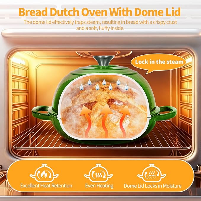 ONKO Dutch Oven For Sourdough Bread Baking, 6QT Enameled Cast Iron Dutch Oven Pot With Lid, Non-stick Sourdough Baking Pan with Bread Dome, Round Ceramic Dutch Ovens Pot with Cloche for Homemade