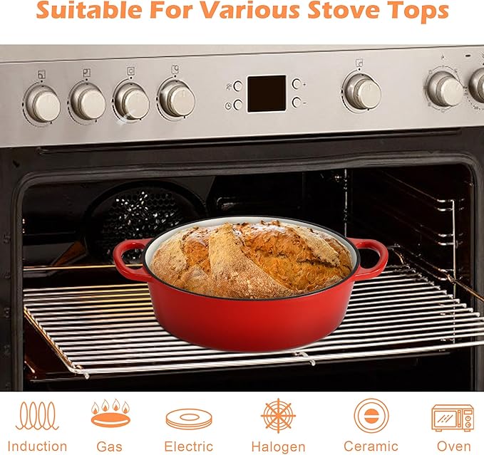 TeamFar Oval Dutch Oven, 5qt Enameled Cast Iron Dutch Oven Pot with Lid, For Bread Baking/Stewing/Braising/Frying, Suitable for Various Stoves, Dual Handles & Easy Cleanup, Red
