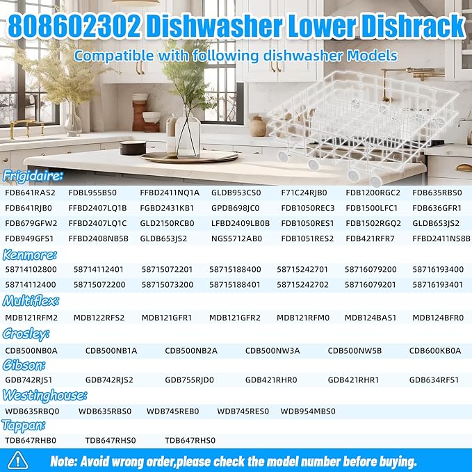 UPGRADED 808602302 Dishwasher Lower Dishrack Compatible with Frigidaire Kenmore Dishwasher Rack Replacement Parts with Wheels,808602302 154432602 Frigidaire Dishwasher Rack Parts Bottom Rack