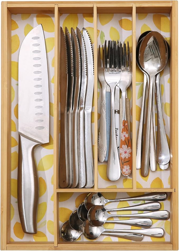 Drawer Organizer - Silverware Organizer with 5 Slots, Lemon Print