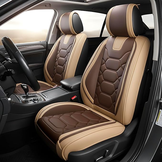 OASIS AUTO Car Seat Covers Full Set, Sporty Faux Leather with Honeycomb Pattern, Waterproof Universal Fit for SUV, Sedan, Pick-up Truck, Automotive Interior Accessories (OS-004 Coffee)