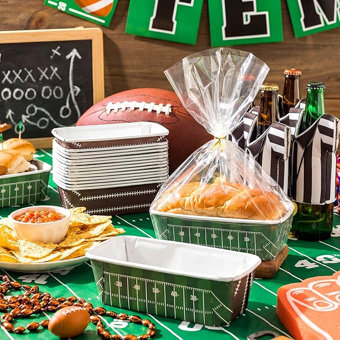 Honeydak 100 Sets Football Game Paper Baking Pans Bulk Paper Mini Loaf Pans with Bags for Baking 6.3 x 2.2 x 2.2 in Disposable Serving Trays Field Ball Pattern the Big Game Party Supplies (Football)