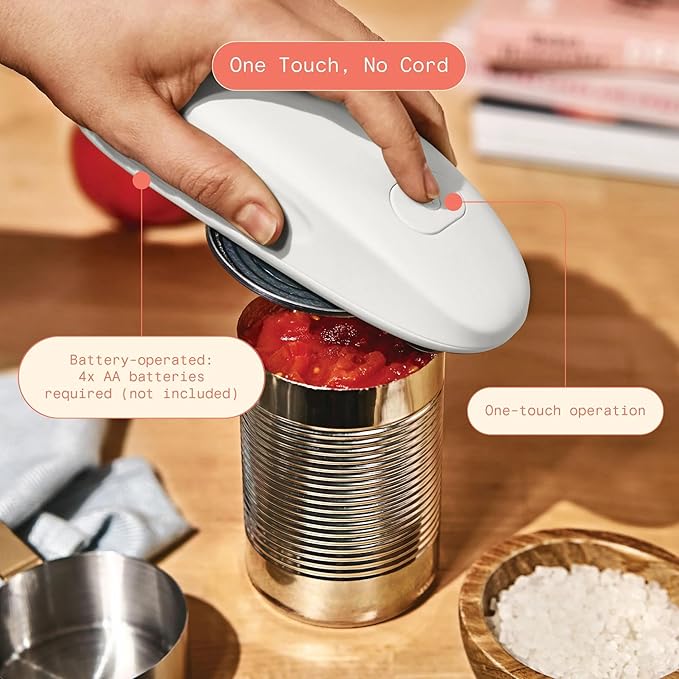 Beautiful by Drew Barrymore Battery Powered Electric Can Opener - Smooth Edge, No Sharp Edges, One-Touch Operation - Kitchen Gadgets, Kitchen Essentials for Seniors, RV Must Haves (White Icing)