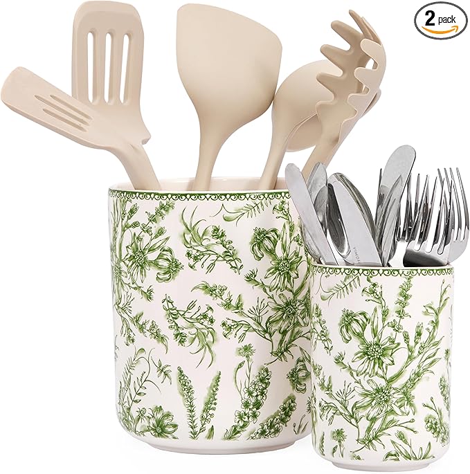 Bico Green Garden Toile De Jouy Ceramic Utensil Holder Set of 2, Ceramic Kitchen Utensil Crocks for Countertop, Large Cooking Tool Holder Counter Decor, Spatula Organizer