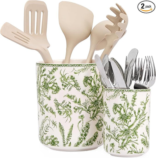 Bico Green Garden Toile De Jouy Ceramic Utensil Holder Set of 2, Ceramic Kitchen Utensil Crocks for Countertop, Large Cooking Tool Holder Counter Decor, Spatula Organizer