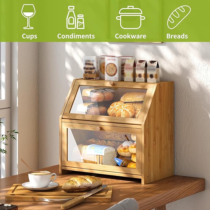 BMOSU Bread Box with Cutting Board Kitchen Bread Storage Organizer Farmhouse Countertop Double Bamboo Wood Bread Box(Natural)