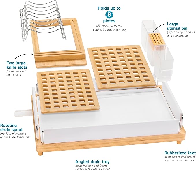 Polder Harmony Dish Rack, Sturdy Dish Drying Rack with 2 Open-Pattern Drain Trays, Dish Racks for Kitchen Counter, Drying Rack for Kitchen Storage, 19.6" x 13.5" x 6.2", White